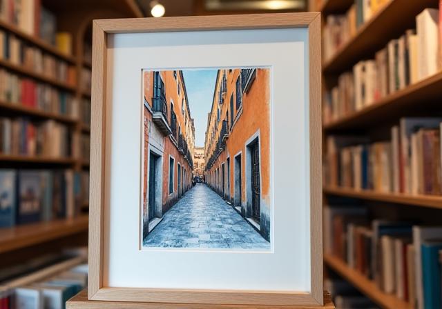 Acquerello raffigurante un vicolo di Roma, esposto in libreria.