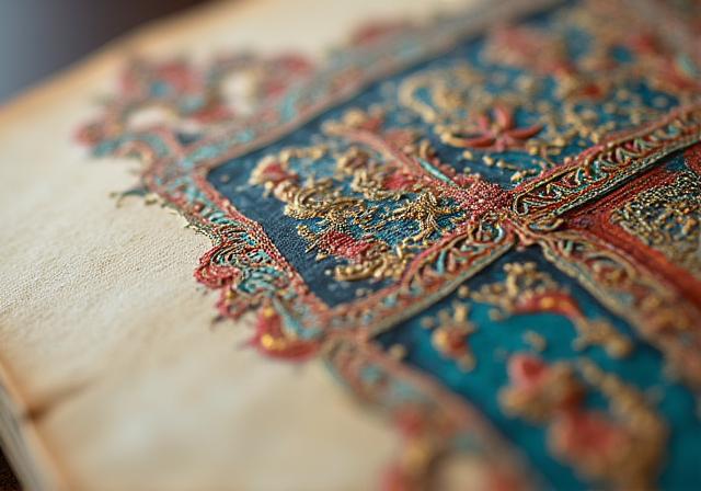 Dettaglio di una pagina miniata a mano di un libro artigianale.