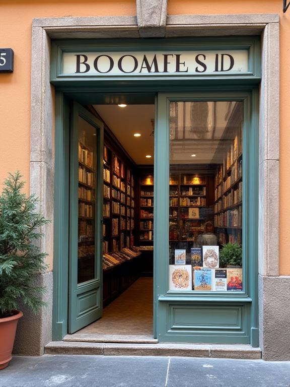 Dettaglio della facciata della Libreria dell'Anima con l'insegna e una vetrina curata.