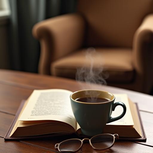 Tazza di caffè appoggiata su un tavolo di legno accanto a un libro aperto.