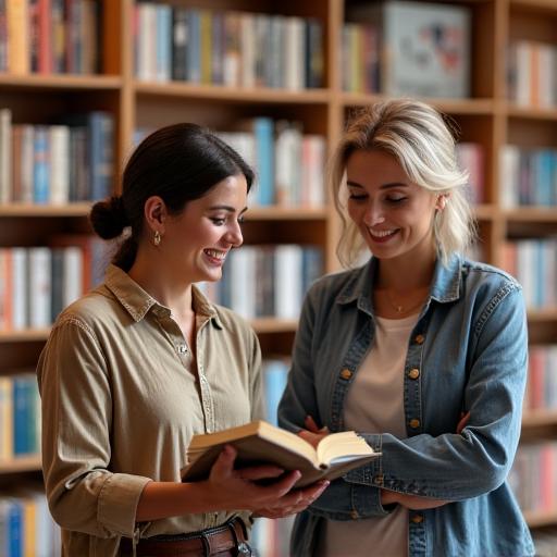 Libraio che consiglia un libro a un cliente sorridente.