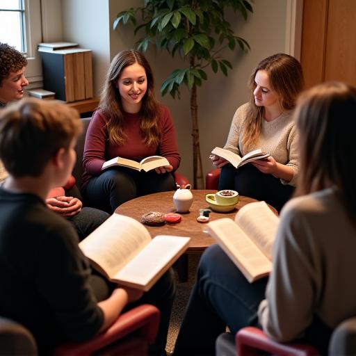 Gruppo di persone sedute in cerchio durante un club del libro.