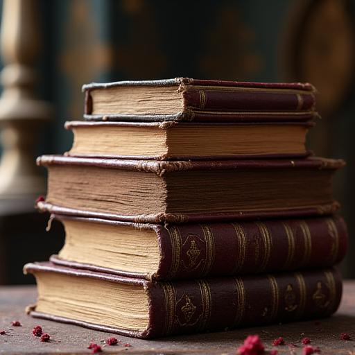 Pila di libri antichi e rari rilegati in pelle.